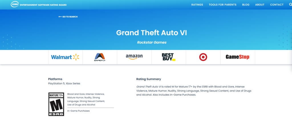 GTA 6 age rating ESRB and PEGI 18 worldwide classifications